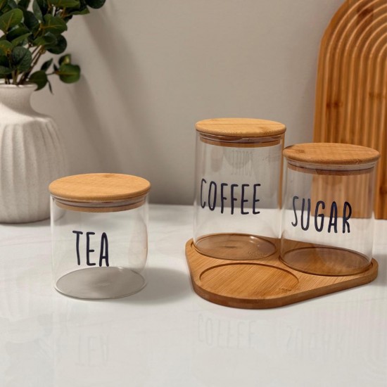 Glass Jars Set of 3 With Wooden Base